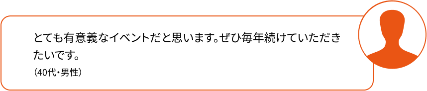 とても有意義なイベントだと思います。ぜひ毎年続けていただきたいです。（40代・男性）